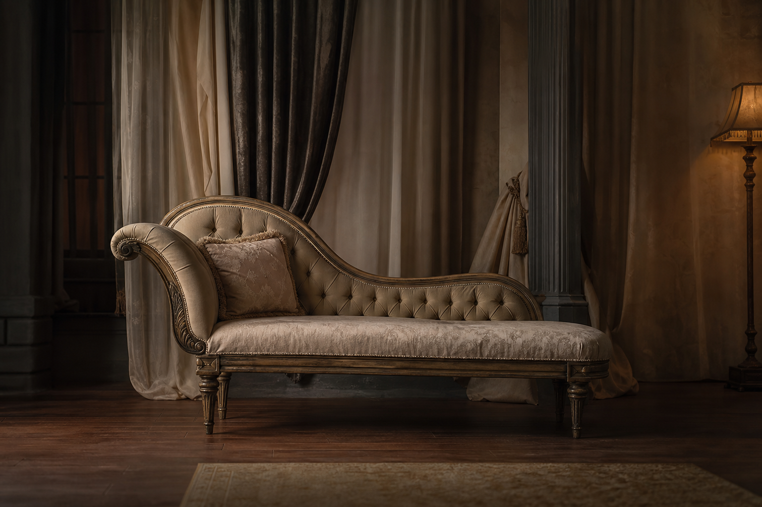 Studio fotografico intimo con drappi e chaise longue, luce calda